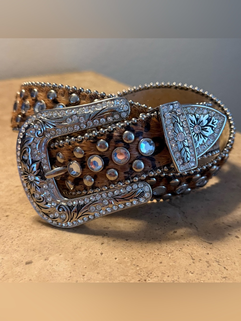 Vintage Christine Alexander Leopard Leather Rhinestone Studded Western Belt